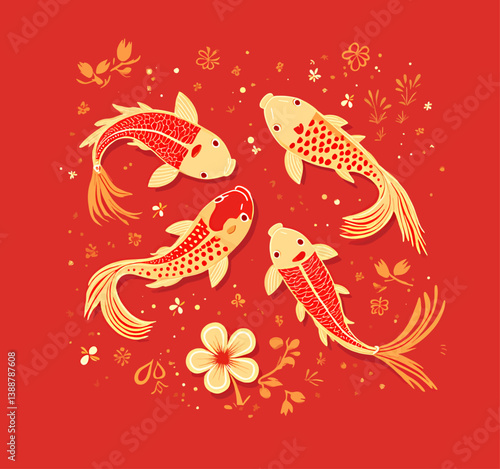 Four Koi Fish with Floral Elements on Red Background