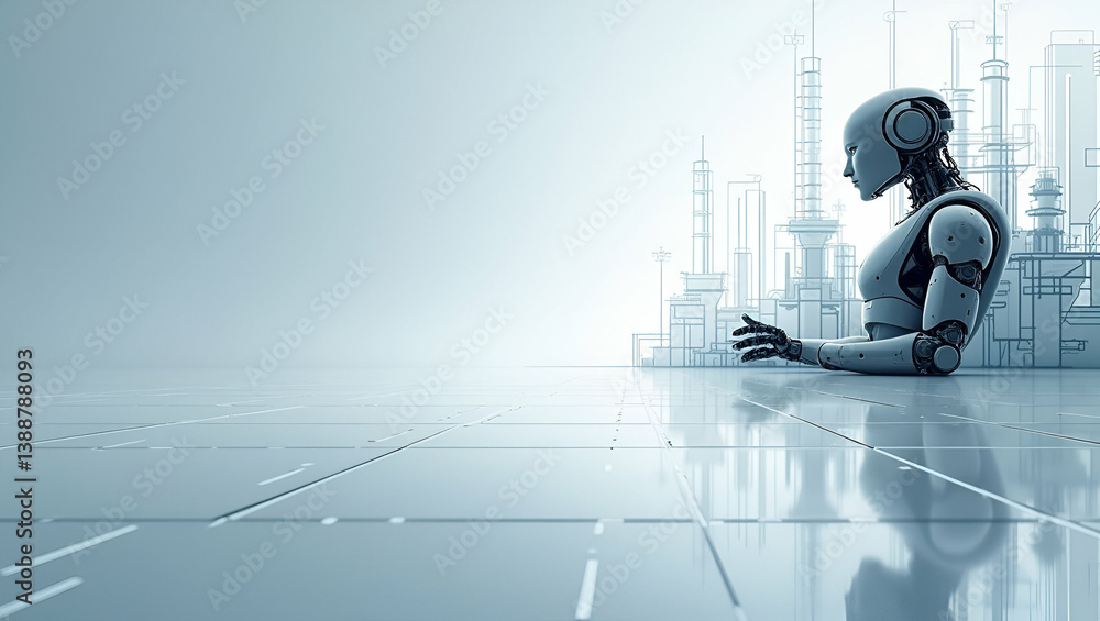 Naklejka premium Futuristic Minimalist Wallpaper: Emphasizing Robotic Automation and Industrial Efficiency with Expansive Empty Space for Modern Design Aesthetics