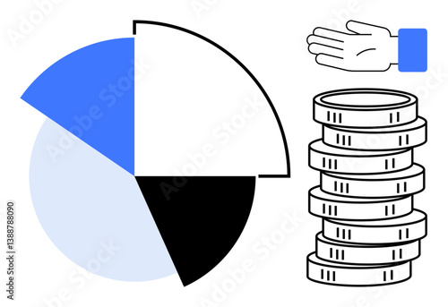 Pie chart segments, stacked coins representing wealth, and an open hand gesture suggest financial giving or budgeting. Ideal for finance, charity, business analysis, investment plan, resource