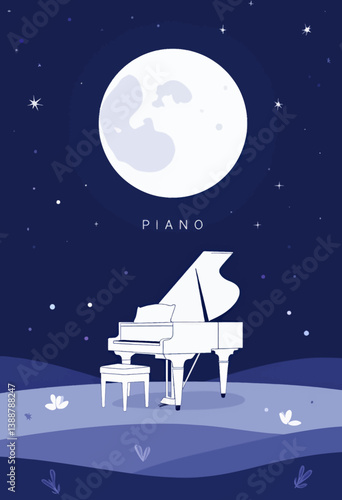 Grand Piano Under Moonlight in a Dreamy Landscape