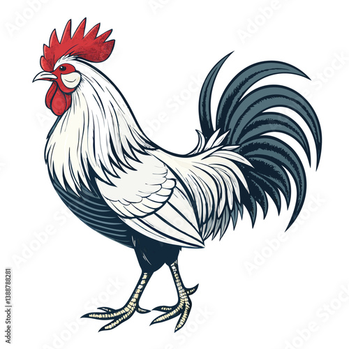 Create a bold, vector illustration of a rooster with sharp, defined features and strong, thick strokes.  Emphasis on detail and vibrant color.
