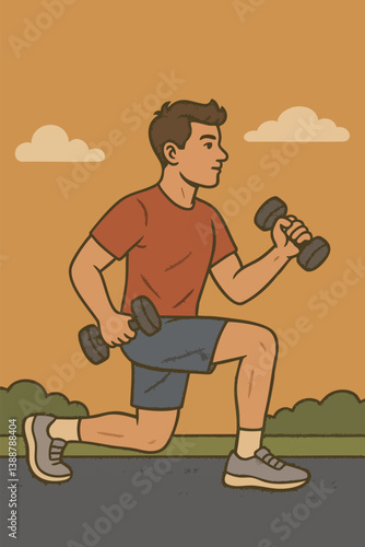 "Man doing lunges with dumbbells" A man performs lunges with dumbbells in both hands in an outdoor setting.
