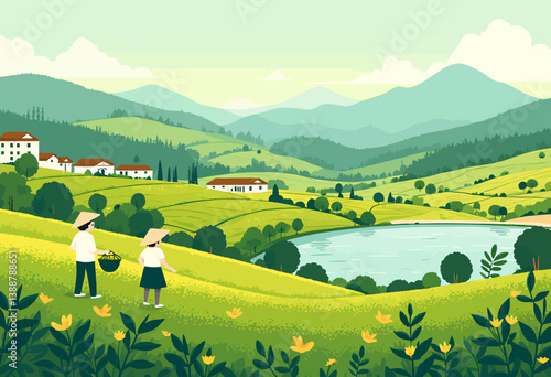 Green Valley Landscape with Farmers and Lake