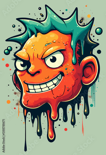 Grinning Orange Cartoon Head with Dripping Paint Hair