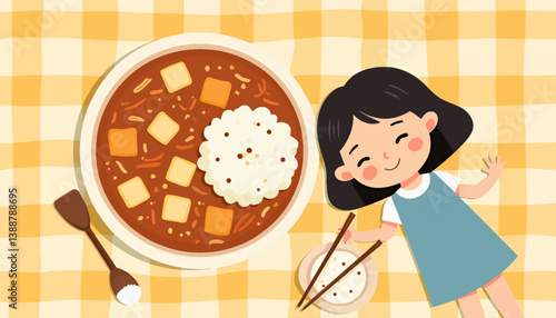 Happy girl with Japanese curry and rice dish on yellow tablecloth