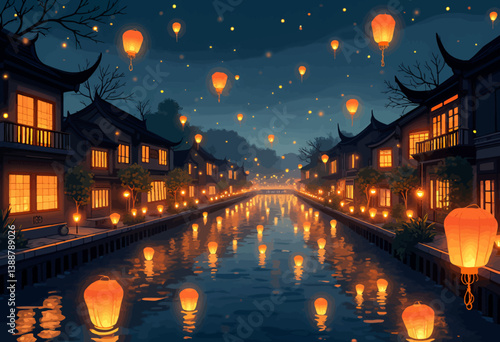 Lanterns Glow on Canal in Asian Village at Night