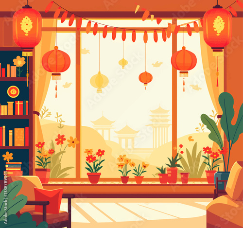 Lunar New Year Living Room with Red Lanterns and Pagodas