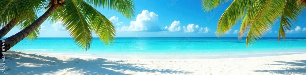 Fototapeta premium Crystal clear water, white sand beach, palm trees swaying gently, beach, luxury, tropical