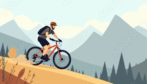 Mountain biker descends dusty trail, mountain backdrop
