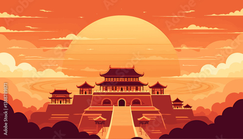 Orange sunset over a traditional Asian palace landscape