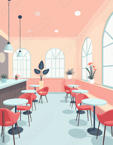 Pastel Pink Cafe Interior with Plants and Round Tables