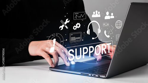 Customer Support Representative Using Laptop with Virtual Icons. Concept for Online Assistant and Help Desk Services