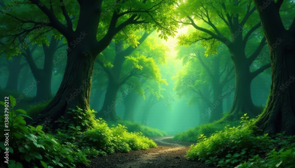 Obraz premium Deep emerald forest, towering trees, sunlit canopy , botanical, tall, green