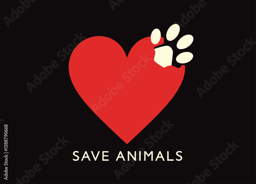 Save Animals: Red Heart with Paw Print on Black