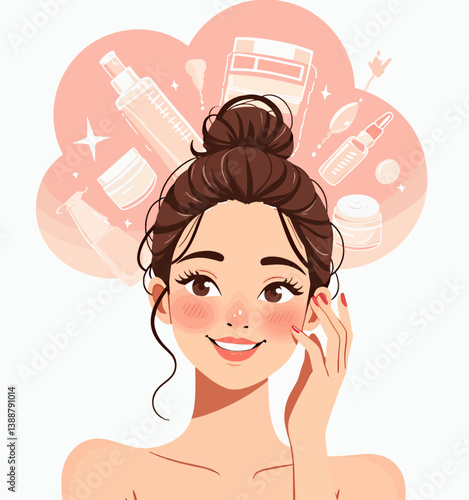 Skincare thoughts of smiling woman with hand on cheek