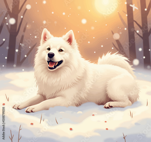Smiling Samoyed dog lying in snowy winter scene