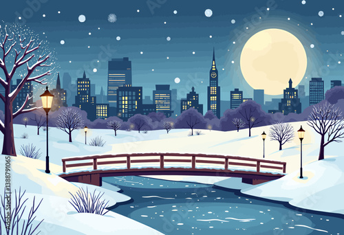 Snowy City Park with Bridge and Full Moon at Night
