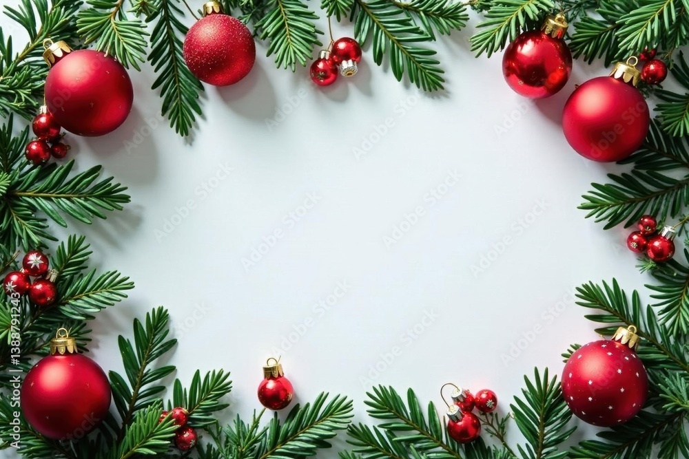 Elegant Xmas frame of classic red & green ornaments with white accents and winter branches , branches, christmas frame Elegant Xmas frame of classic red & green ornaments with white accents and winter branches , branches, christmas frame