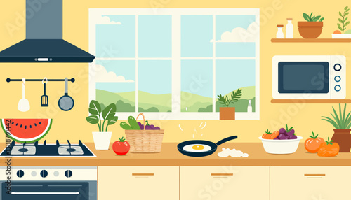Sunny Kitchen Scene with Fresh Food and Egg Cooking
