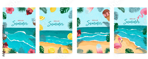 Hello summer background with palm leaves, melon,flower,ice cream  frame for a4 vertical design