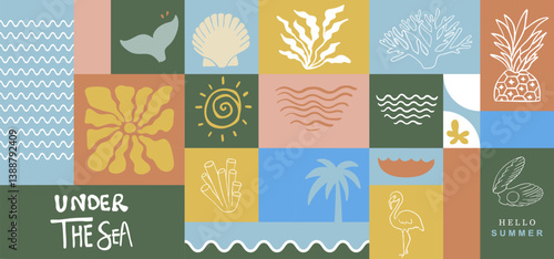 Summer geometric banner background with fish tail, pineapple.graphic for horizontal design