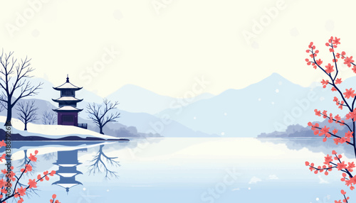 Winter Pagoda Landscape with Cherry Blossoms Reflection