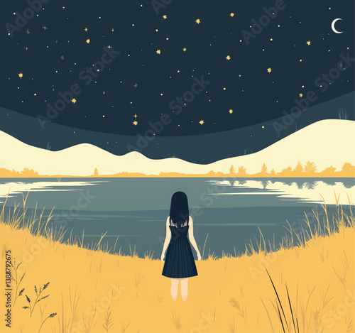 Woman gazes at starry night lake landscape