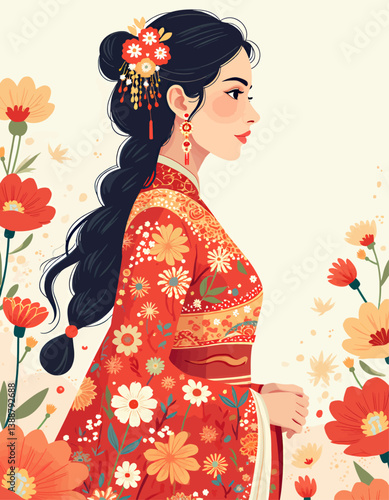 Woman in floral kimono with braided hair and flower accessories