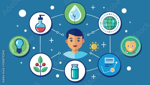 Nano Action Symbols Iconic representations of action like exfoliate hydrate and revitalize accompanied by small particle graphics to symbolize the specific benefits of