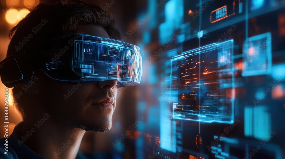 Person Wearing Vr Headset Interacting with Digital Interface Technology Person Wearing Vr Headset Interacting with Digital Interface Technology