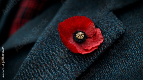 Close-up of Red Poppy Flower Lapel Pin on Blue Tweed Jacket Detail