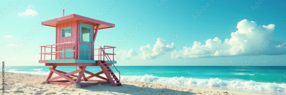 Art Deco lifeguard stand, vibrant ocean backdrop, scene, iconic, cabana Art Deco lifeguard stand, vibrant ocean backdrop, scene, iconic, cabana