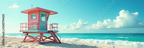 Art Deco lifeguard stand, vibrant ocean backdrop, scene, iconic, cabana