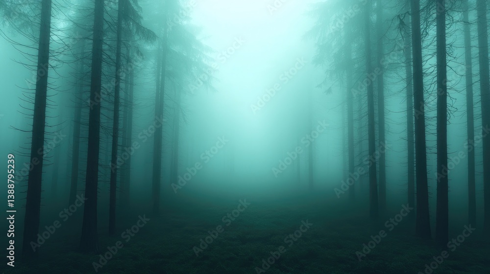 Obraz premium Mystical, dense fog envelops a tranquil forest path. Tall pines stand sentinel in a hazy, ethereal green light, creating a sense of mystery and wonder