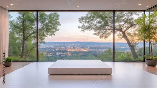 A minimalist room features a large window showcasing a panoramic city view at sunset. A low, white platform sits centrally. The image is high-quality with natural lighting, creating a calm mood. The