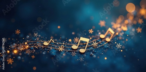 Dark blue, gold music notes & snowflakes shimmer , design, ornament
