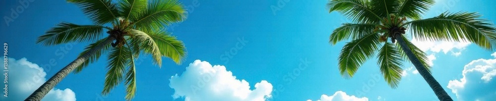 Deep blue sky, vibrant palm treetops, soft cloud detail , photo, day Deep blue sky, vibrant palm treetops, soft cloud detail , photo, day