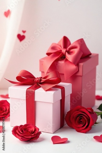 Elegant Valentine's gift boxes, roses, bows White background , gift box, couple, festive