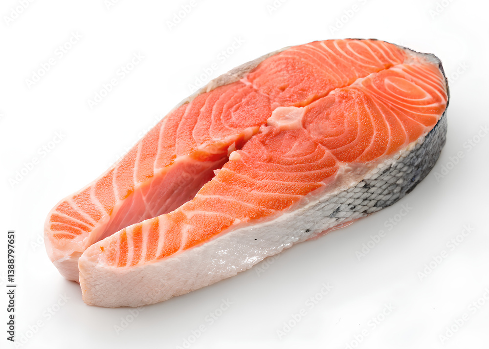 Fresh raw salmon steak with visible marbling and skin, isolated on white background, ideal for seafood cooking and health concepts.
Fresh raw salmon steak with visible marbling and skin, isolated on white background, ideal for seafood cooking and health concepts.