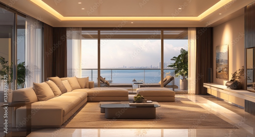 A modern luxurious living space with expansive ocean views A modern luxurious living space with expansive ocean views