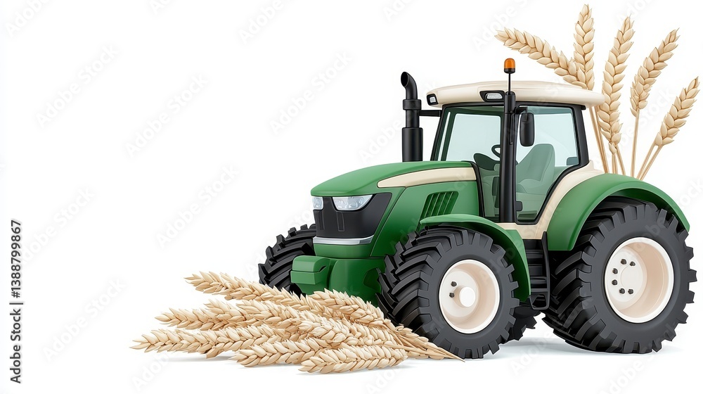 Obraz premium Green Tractor Amidst Golden Wheat Stalks on White Background