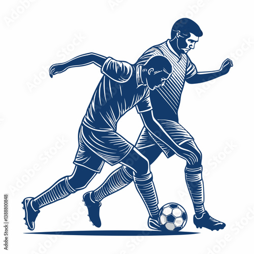 Create a bold, vector illustration of a soccer player dribbling the ball, emphasizing dynamic movement and strong lines.  Focus on a powerful pose.
