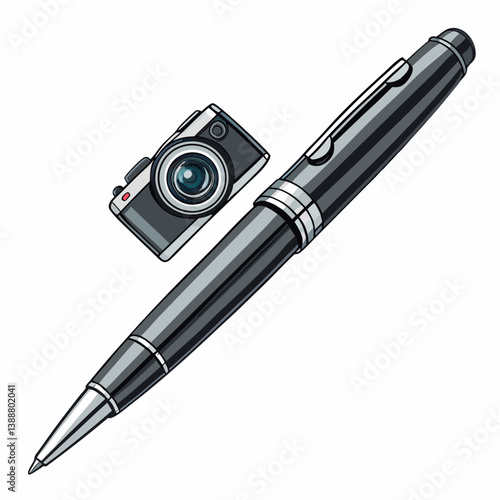 Create a bold, vector illustration of a hidden spy camera, emphasizing its covert nature.  Include strong outlines and shadows.