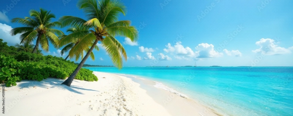 Fototapeta premium Fine white sand, palm trees hinted on island, azure sea, scenic, sea