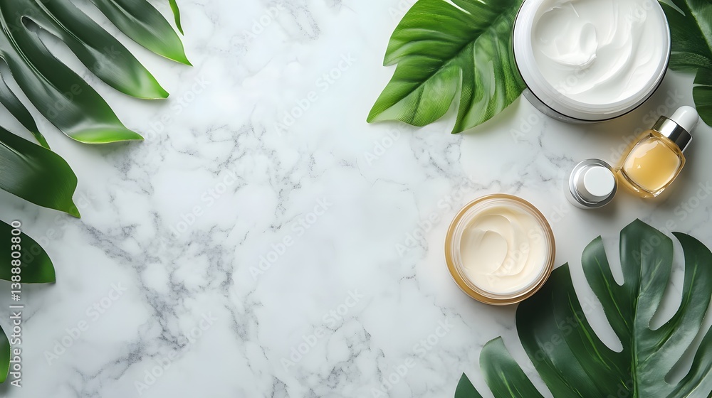 Natural skincare products with tropical leaves on marble. Organic beauty and wellness flat lay. Natural skincare products with tropical leaves on marble. Organic beauty and wellness flat lay.