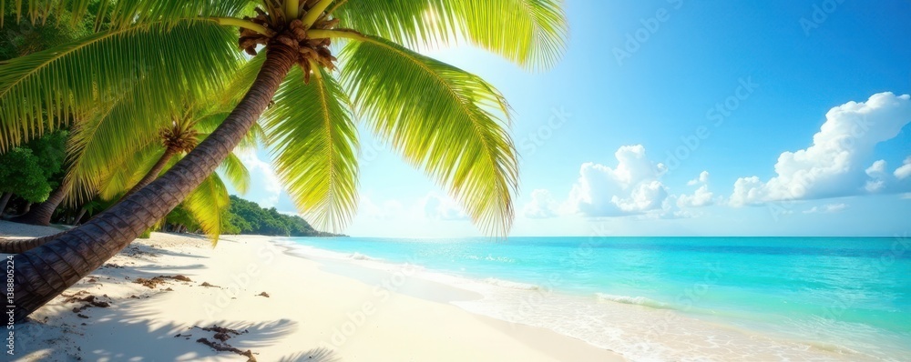 Fototapeta premium Sun-drenched palms arch over pristine beach, gentle waves, waves, vibrant, sky