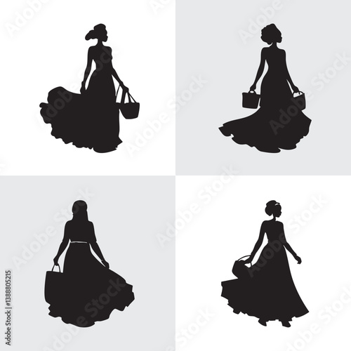 Elegant Black Silhouette set Women with flower busket