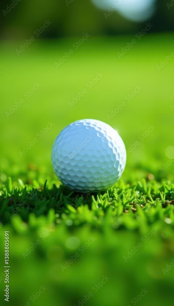 Golf ball rests on perfectly manicured fairway grass, lush, texture Golf ball rests on perfectly manicured fairway grass, lush, texture