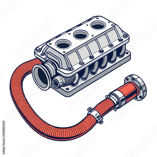 Create a bold, vector illustration of a vacuum cleaner hose connector, emphasizing its strong, thick lines and metallic texture.  Show connection details clearly.