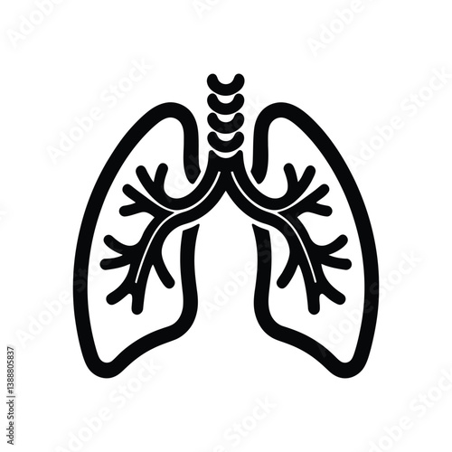 Black line icon of human lungs with bronchial structure, representing respiratory system, pulmonary health, and medical anatomy